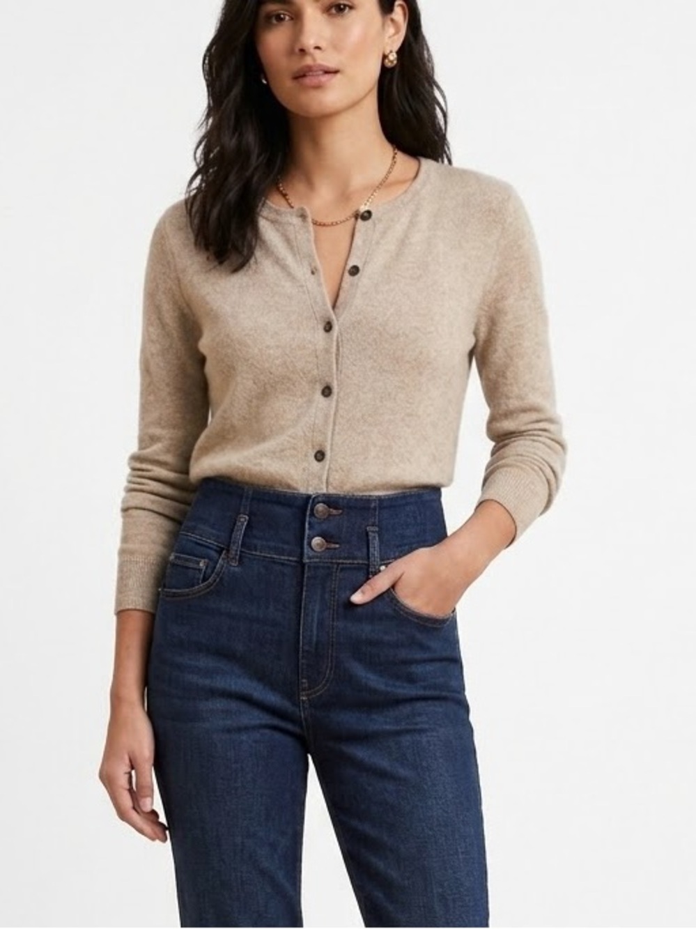 PARAPHRASE 100% Cashmere Button-Front Cardigan Sweater Heather Beige Size M